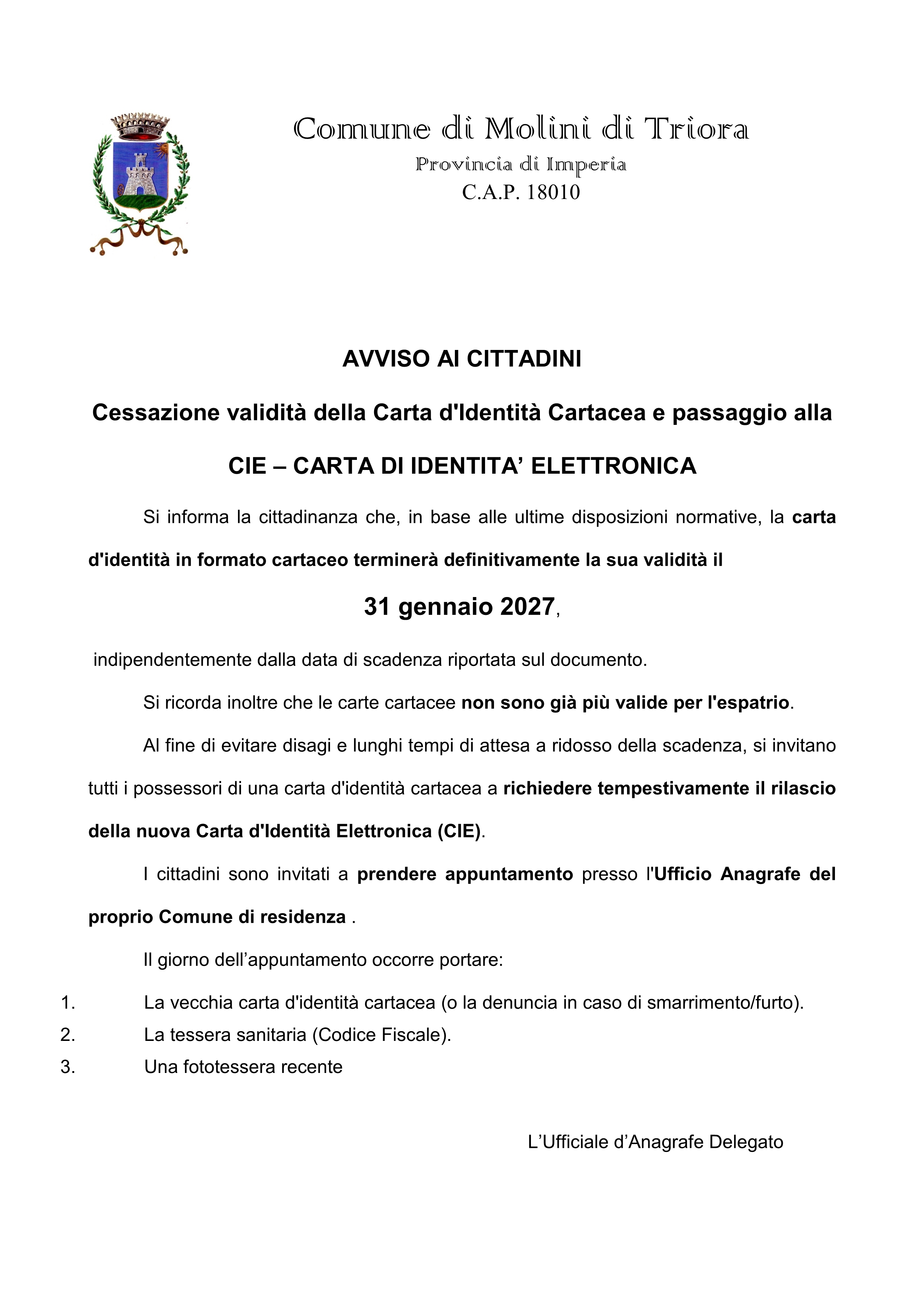 Avviso scadenza carta di identità cartacea 31.01.2027