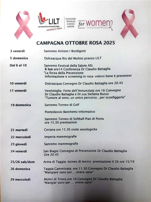 LILT Ottobre mese rosa 2025 - incontro a Molini di Triora mercoledì 29.10.2025 alle ore 16.00