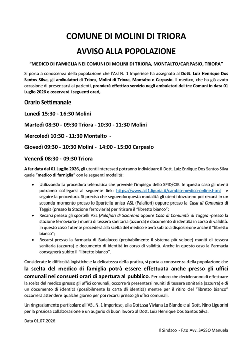 Medico di famiglia nei comune di Molini di Triora - Triora e Montalto Carpasio dal 01.07.2026 - Dott. Luiz Henrique Dos Santos Silva