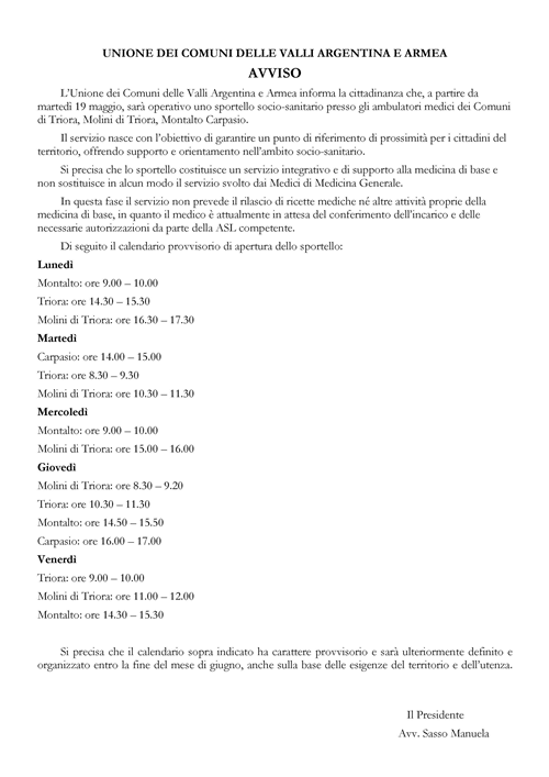 Sportello socio-sanitario presso ambulatori medici dei Comuni di Triora, Molini di Triora, Montalto Carpasio